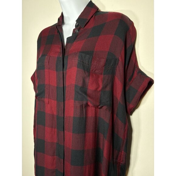 MADEWELL Shirt Dress Short Sleeve Deep Red Black Plaid Classic Holiday Size XS - Picture 2 of 7